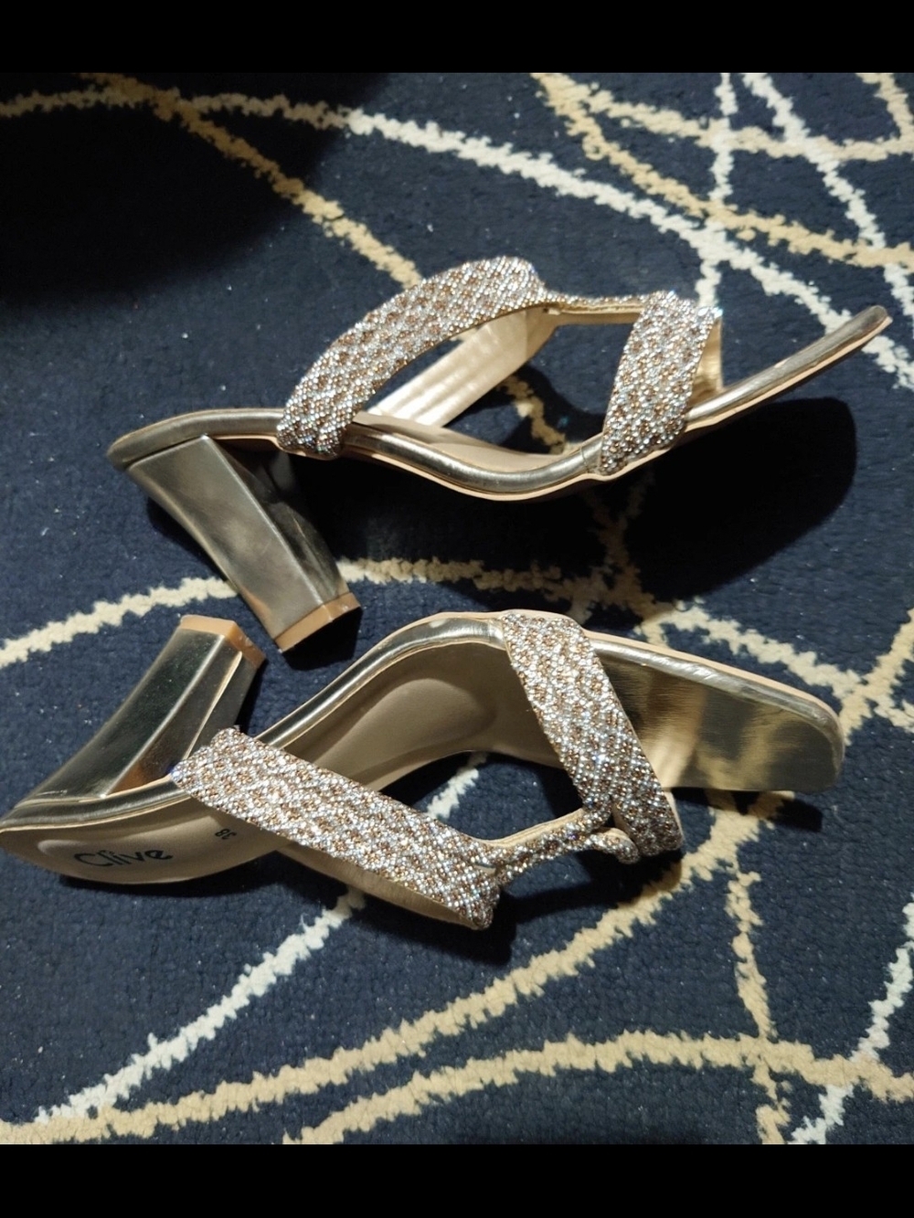 Women's Gold Heals With Sparkly White & Brown Stones - Picture 3 of 4